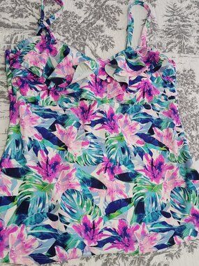 Island Escape Tankini Top Blue Pink Green Flowers Size 12 EUC